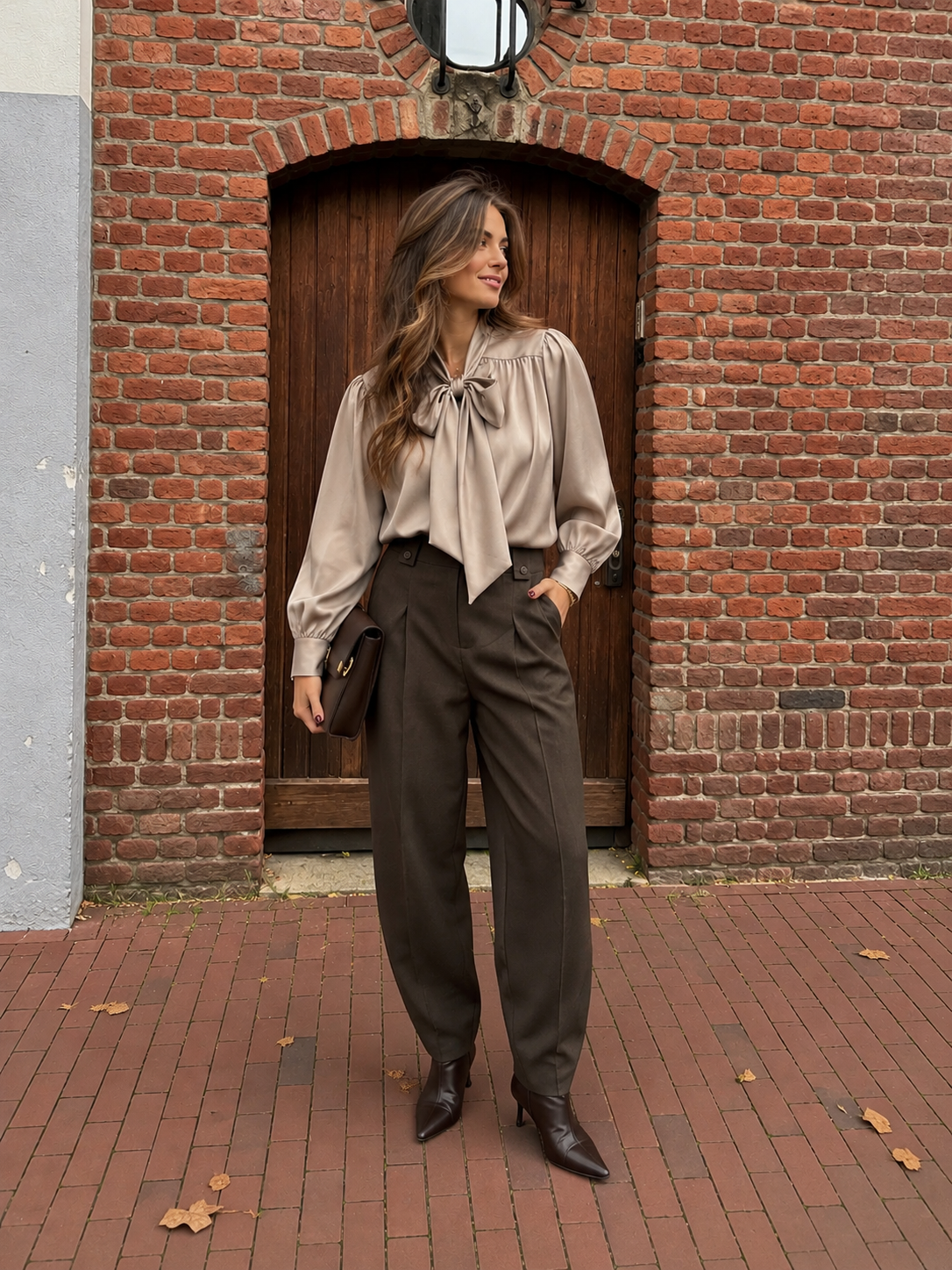 Blouse - Met strik glans Beige