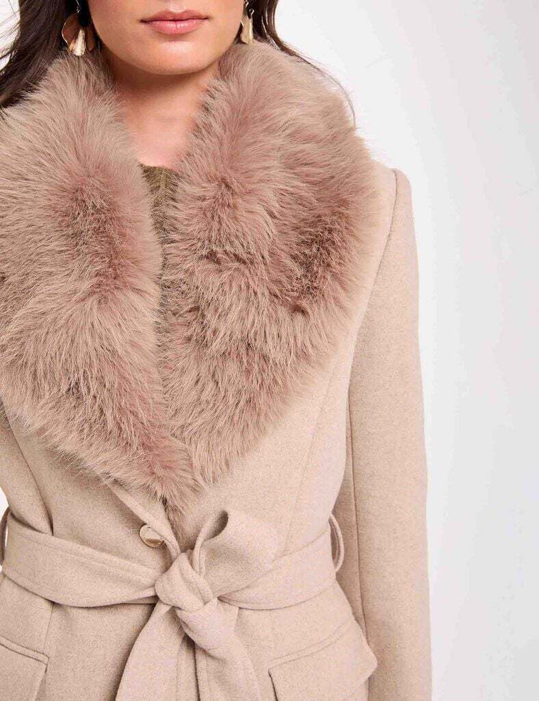 Morgan - Mantel met faux-fur kraag Beige