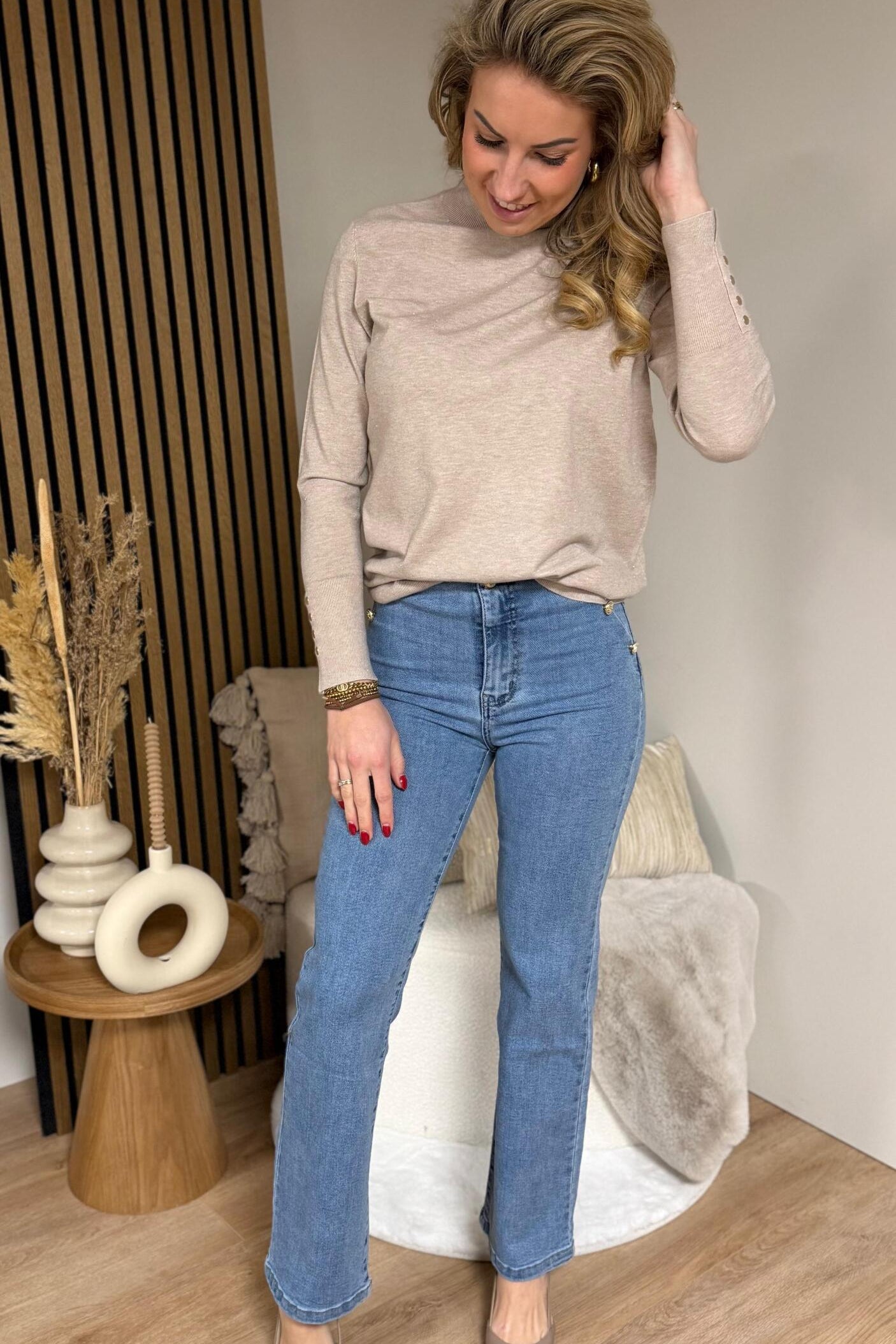 Top - Aniek Soft Beige Met Glitter & knoopjes 