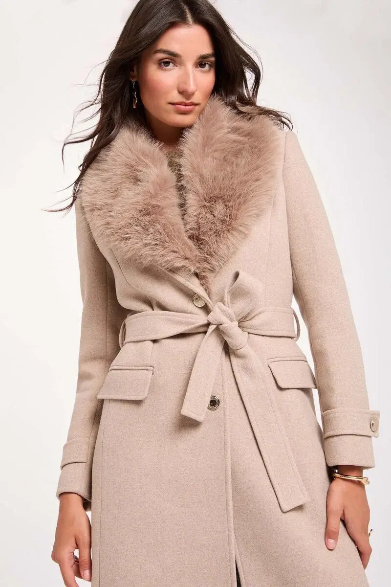 Morgan - Mantel met faux-fur kraag Beige