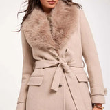 Morgan - Mantel met faux-fur kraag Beige