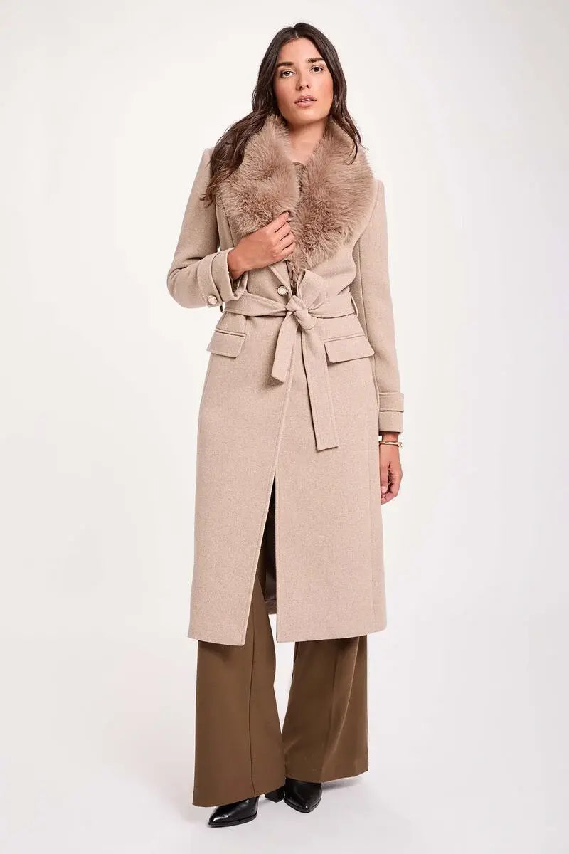 Morgan - Mantel met faux-fur kraag Beige