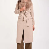 Morgan - Mantel met faux-fur kraag Beige