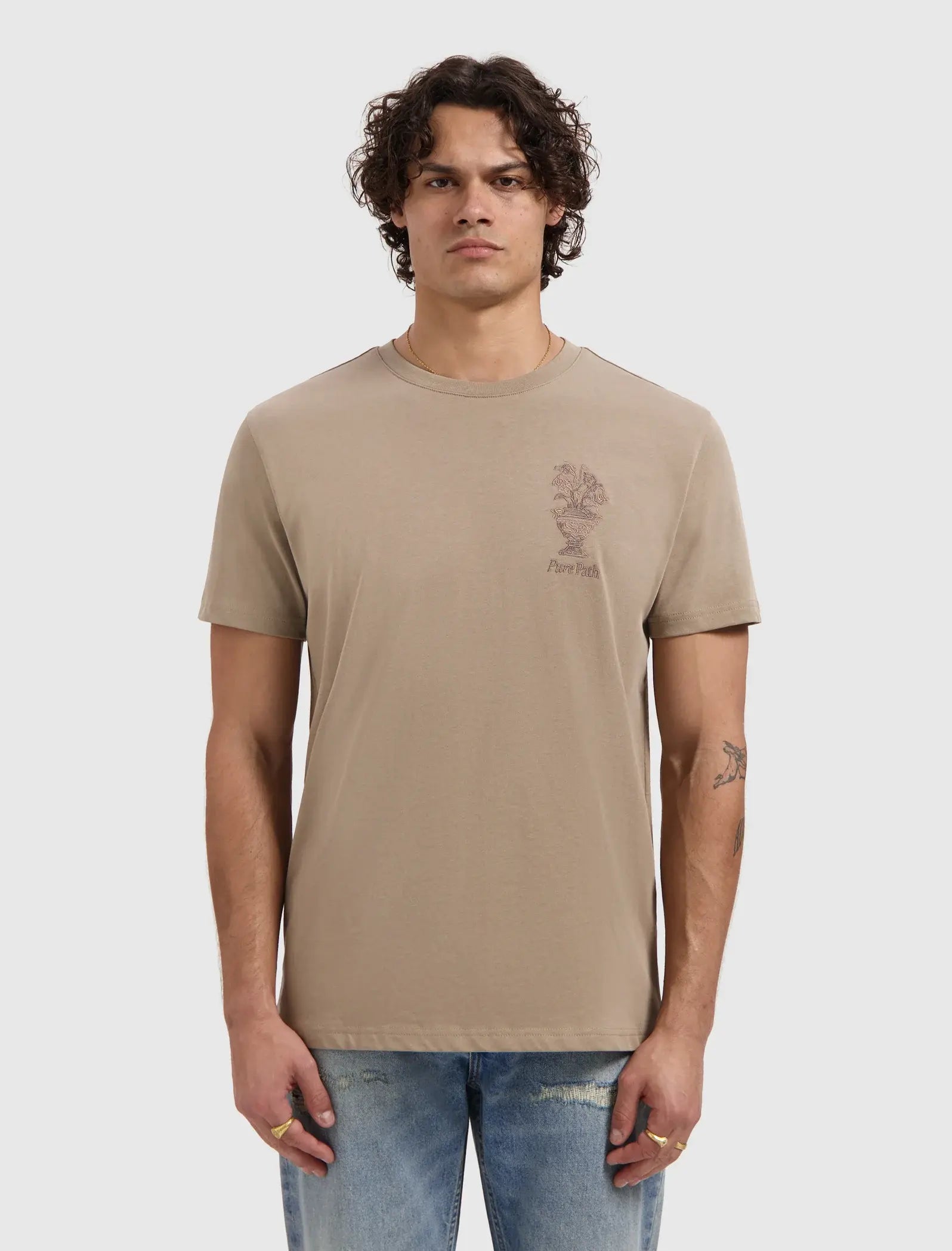 Pure Path - Embroidered Vase T-Shirt Taupe