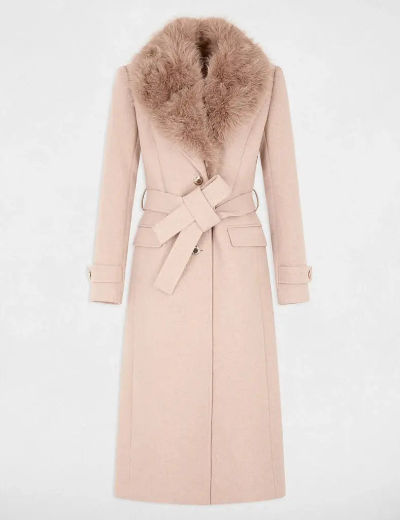 Morgan - Mantel met faux-fur kraag Beige