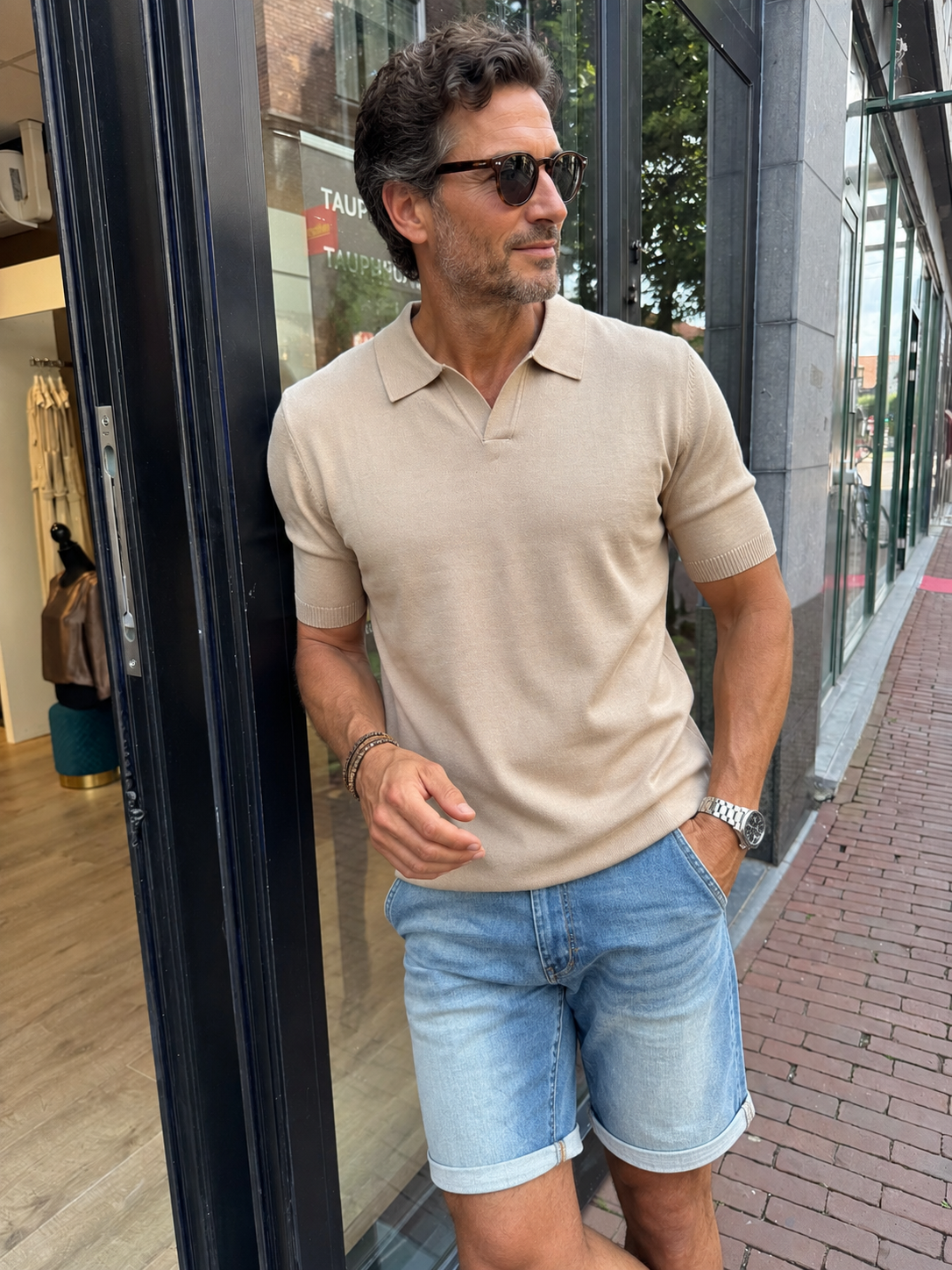 Polo met V-hals - Taupe