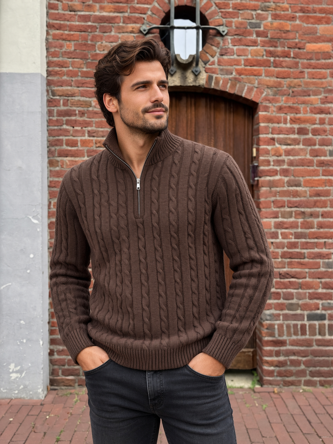 Heren Sweater - Kabel Zip Bruin
